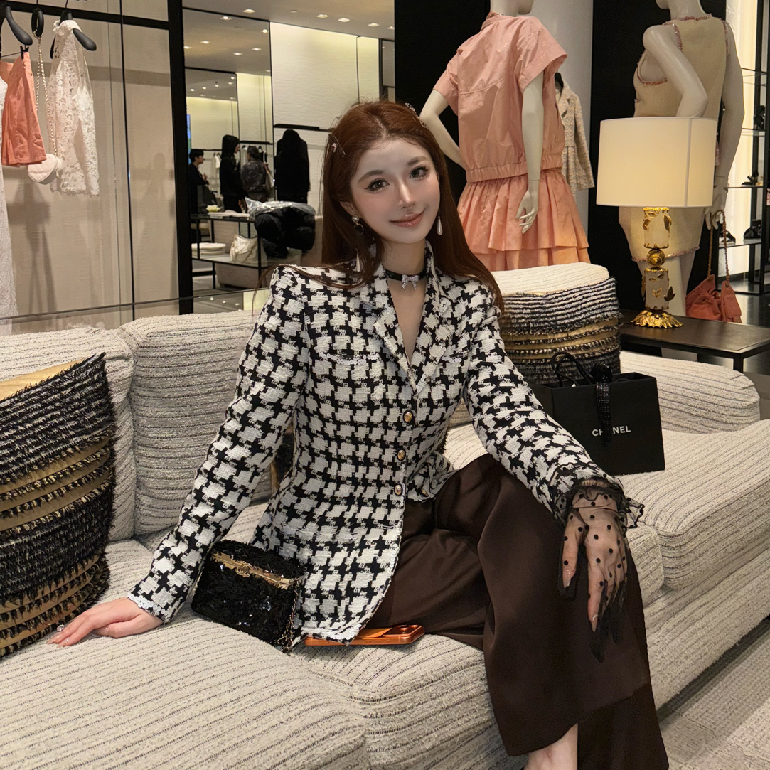 千鸟格粗花呢外套钉珠亮片烛光款