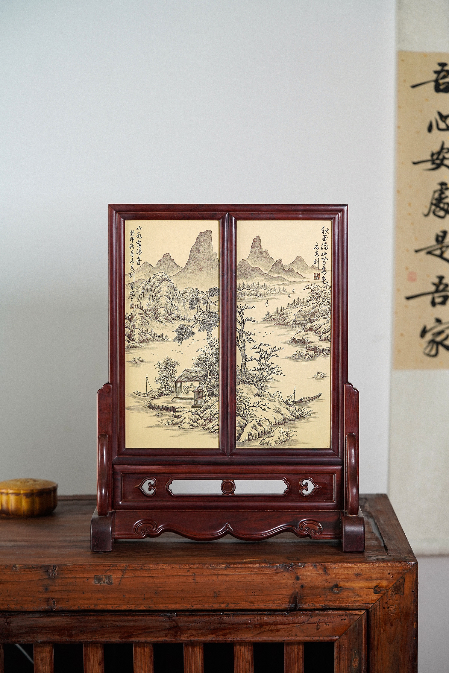 紫砂粉浆刻绘桌面屏风 工艺美术师亲工刻绘 