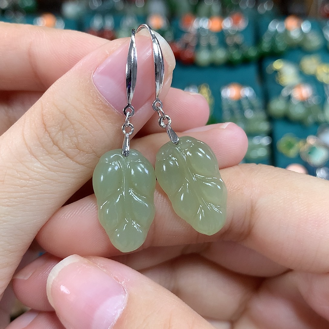 和田玉银S925镶嵌耳饰金枝玉叶卡19.5左右