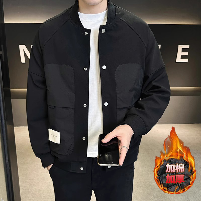 高级感夹克男士拼接外套2025春秋冬新款休闲加棉加厚棒球领男潮牌