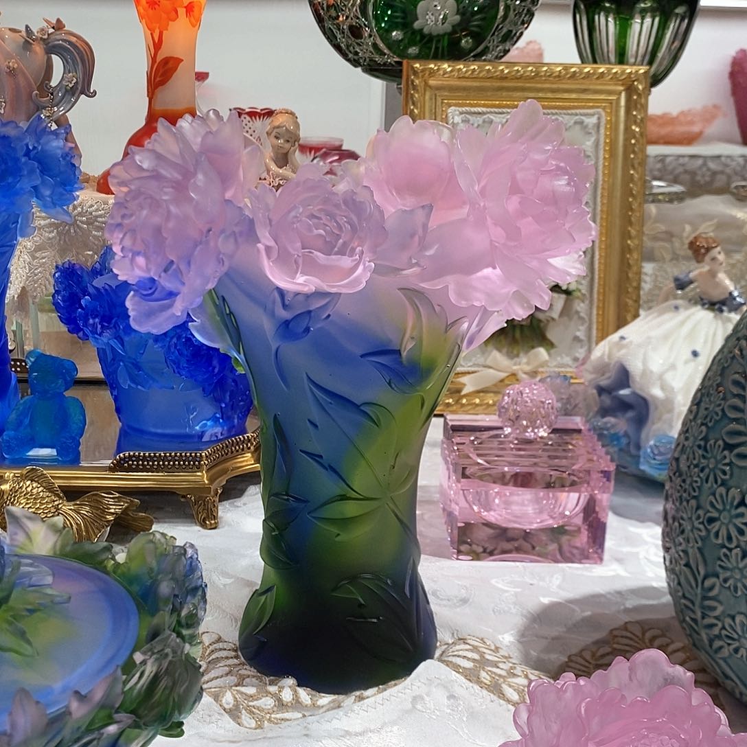 摆件QAA293脱蜡水晶牡丹花瓶七彩色