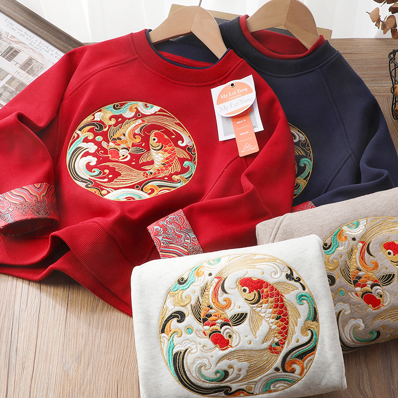 锦鲤刺绣新年款加绒儿童卫衣男童女童红色喜庆中国风拜年服25659
