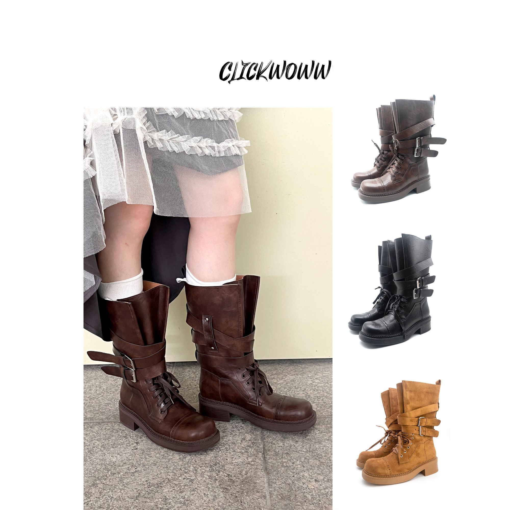 ClickWoww 新款潮流英伦西部厚底皮带扣机车靴