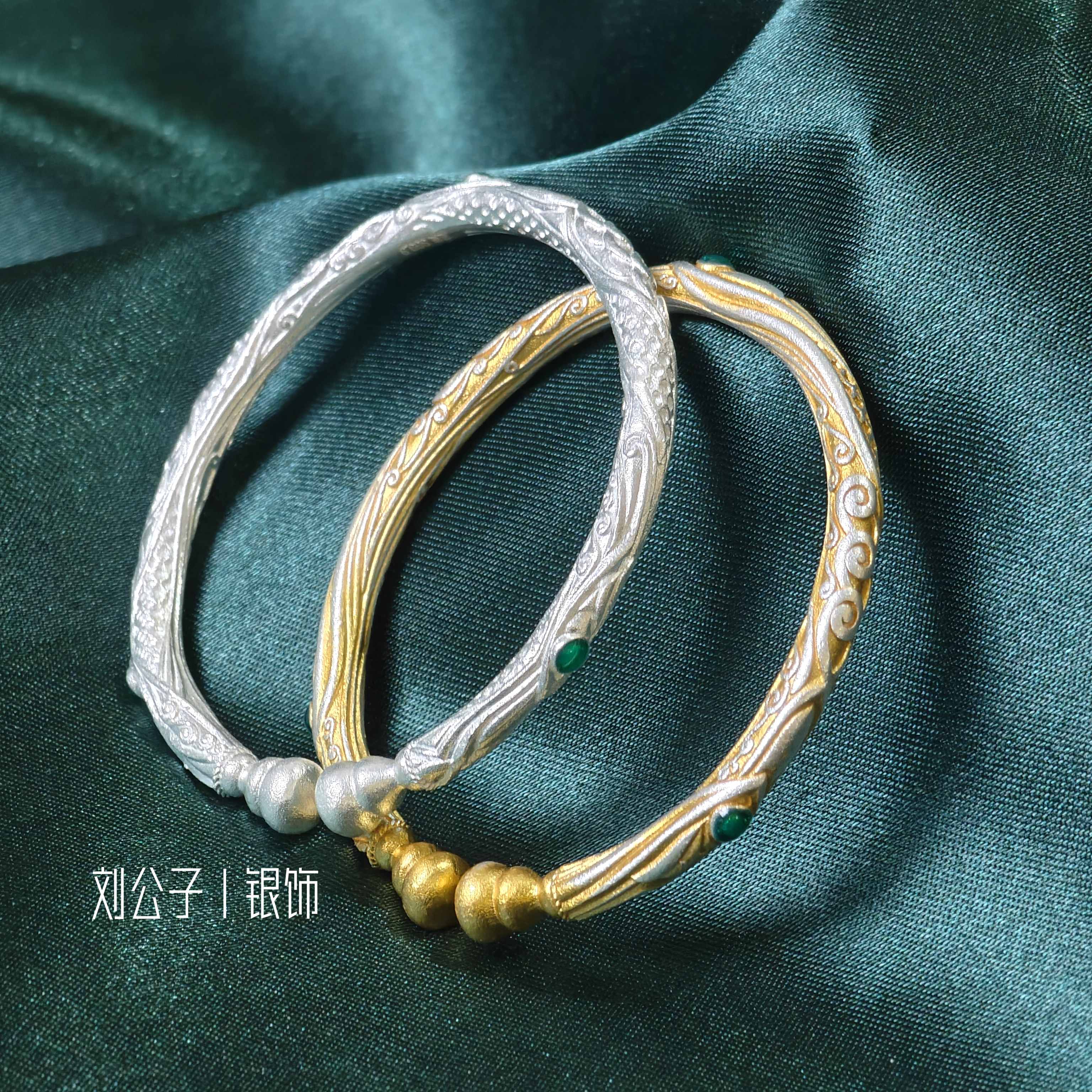 足银手镯 《时光》足银999.9宝宝乾坤手镯哪吒款描金古法开口手镯