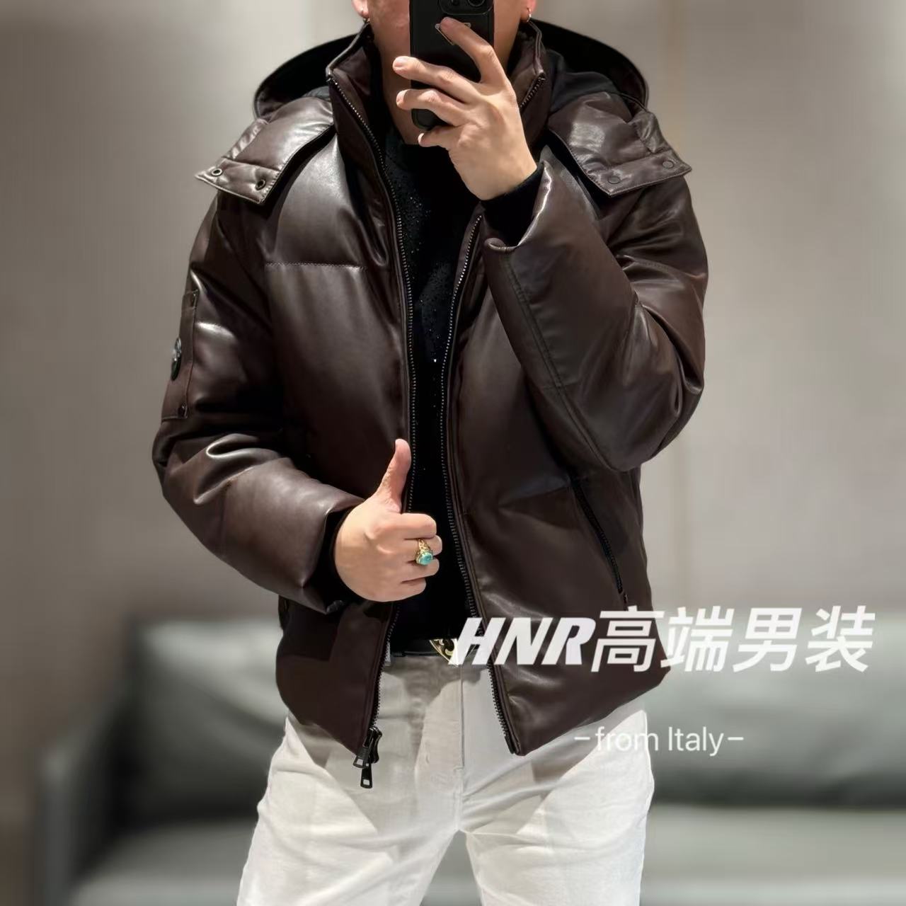 【真皮填充羊毛】纯色设计款简约时尚休闲百搭连帽皮衣24202