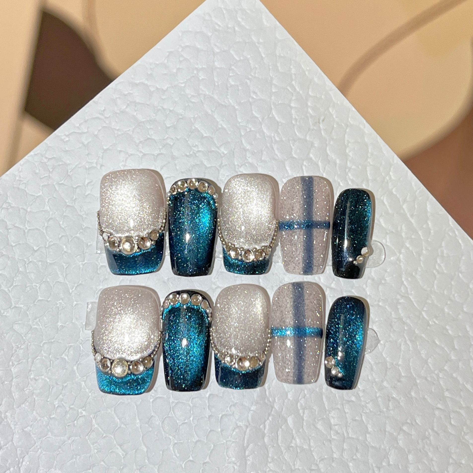 设计师专款-【炫蓝耀钻】 YH0163纯手工穿戴甲【送工具包】