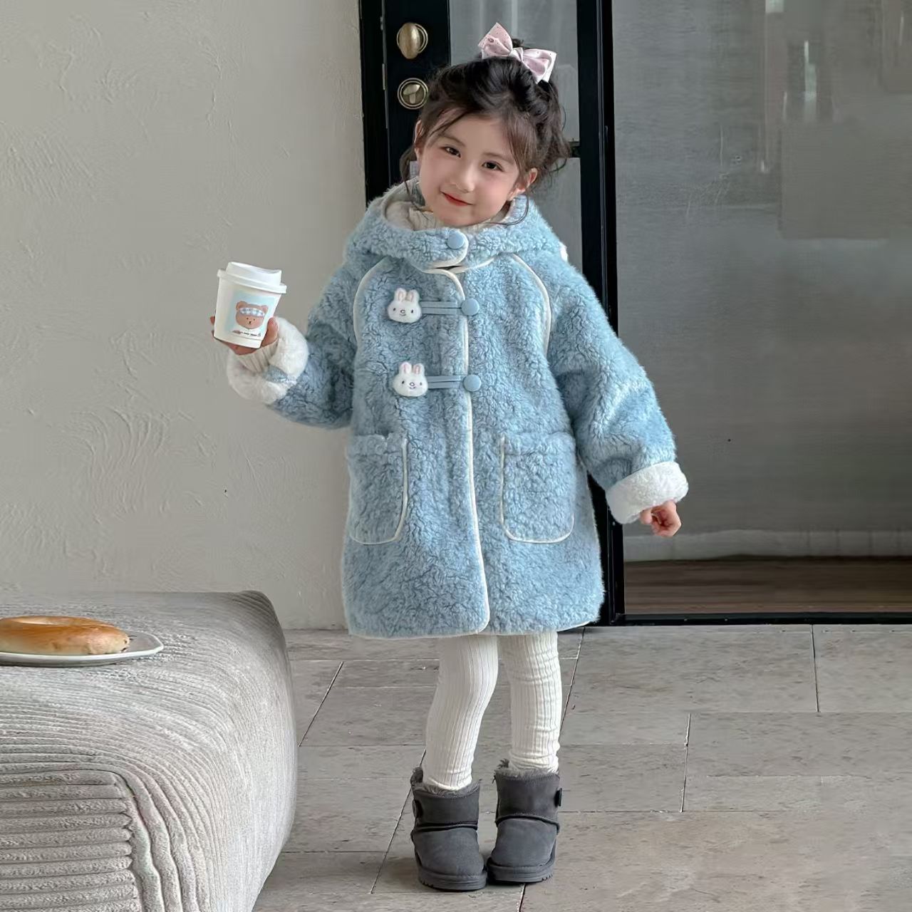 女童冬装蓝色外套2025新款洋气宝宝大衣儿童冬季毛毛衣