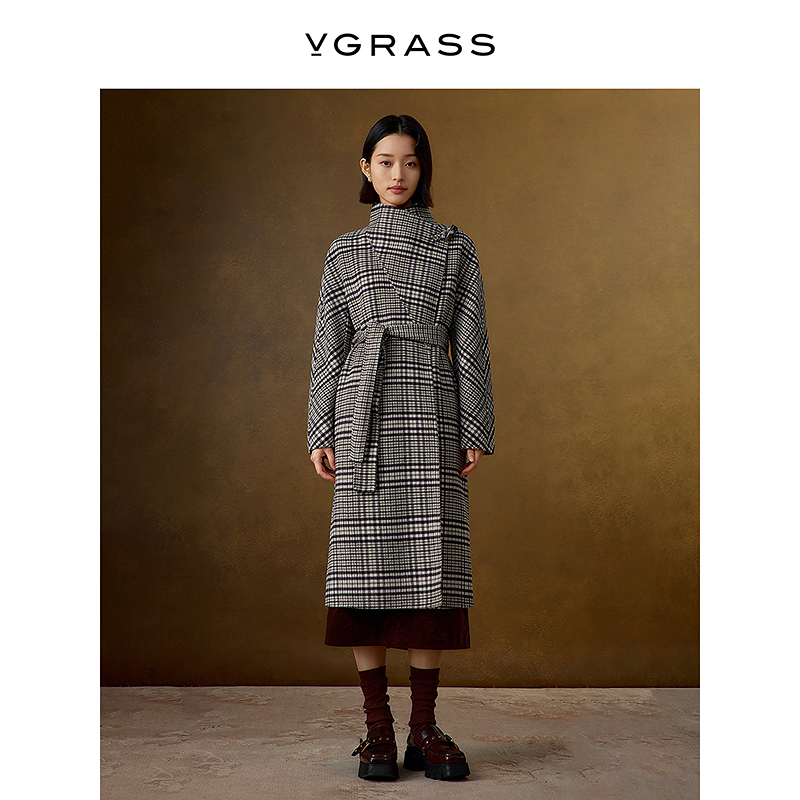 【晨粉专享价】VGRASS丝羊毛混纺格纹毛呢外套冬新款经典H版型大衣
