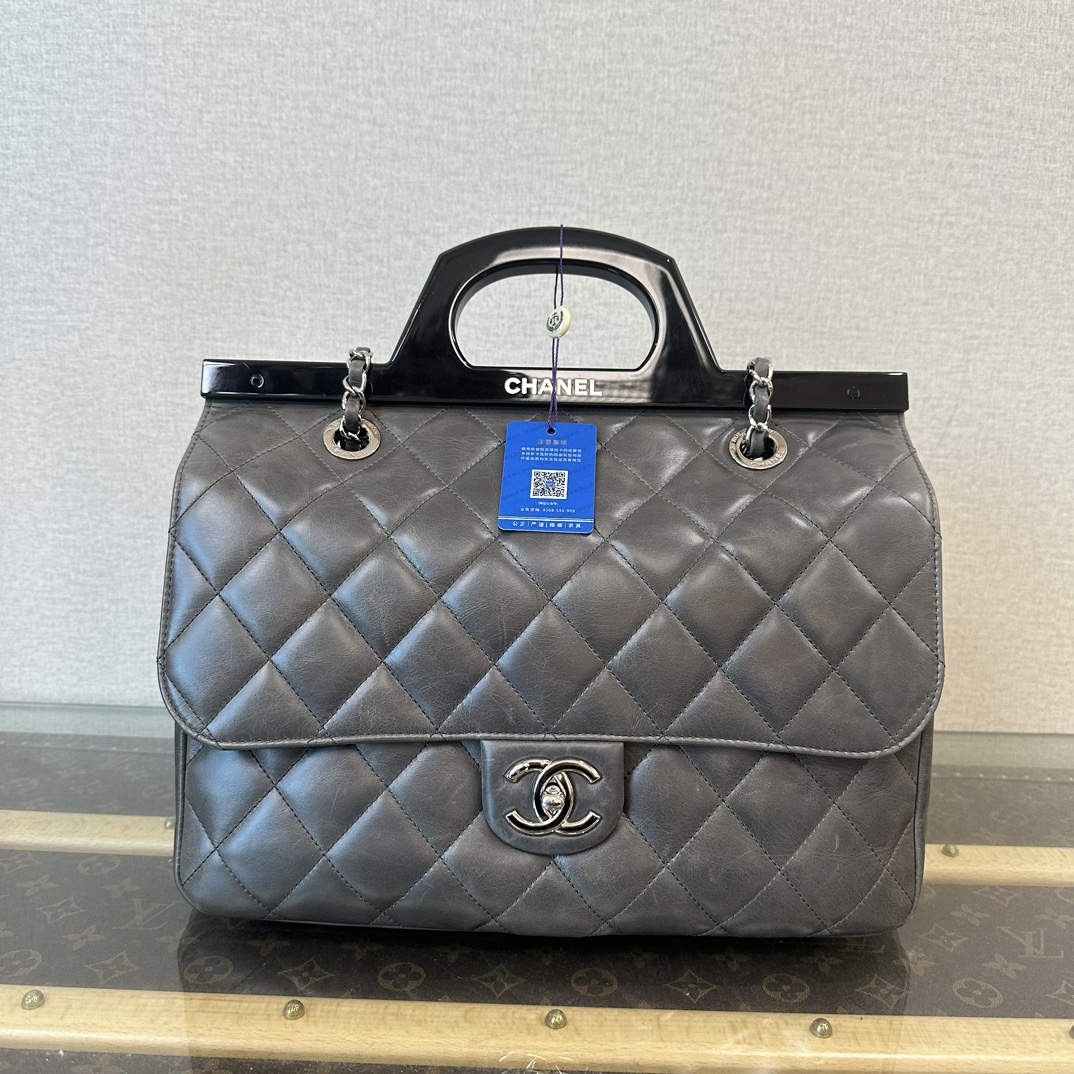 95新 Chanel/香奈儿 灰银菱格纹手提单肩衣架包 21125