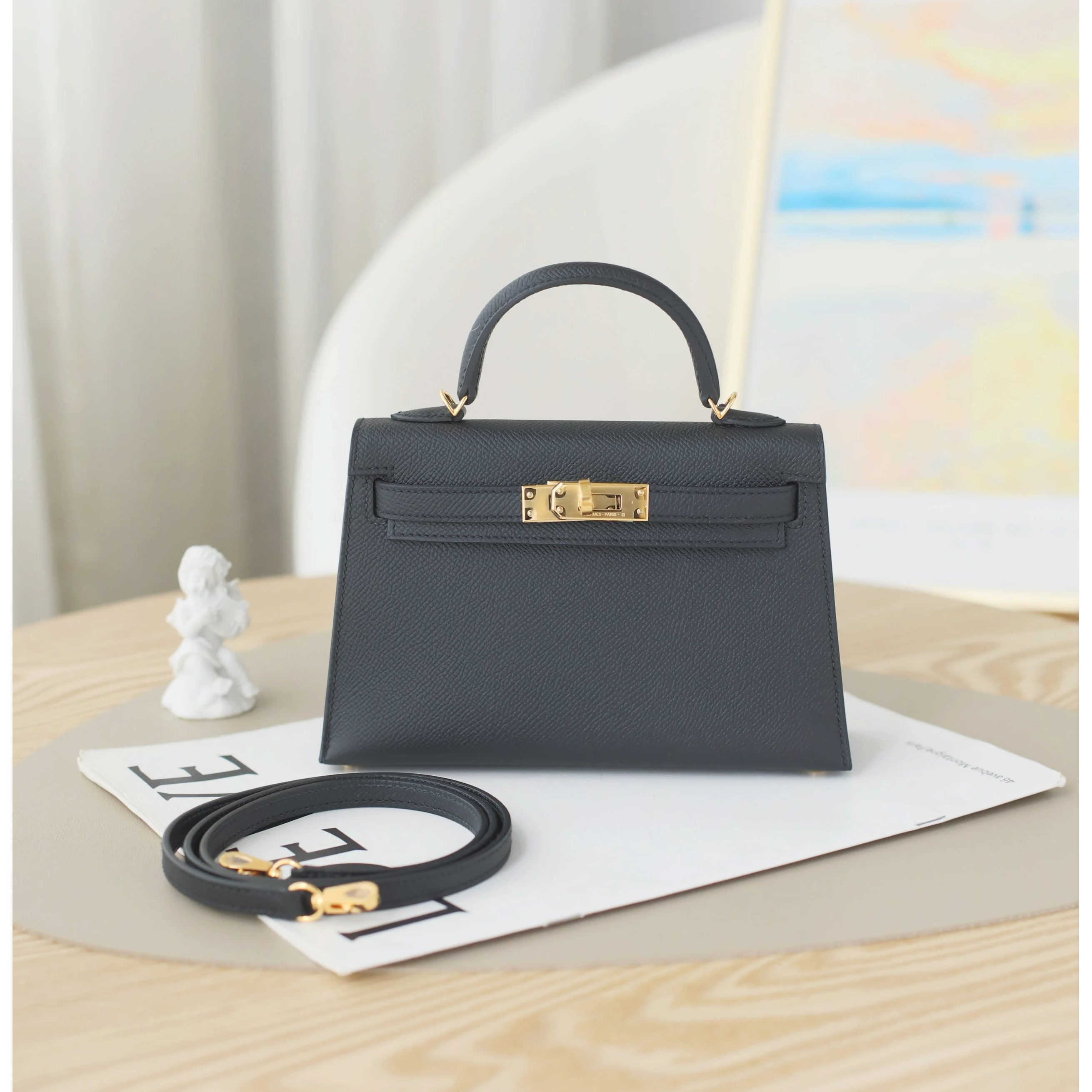 全新未使用 Hermes/爱马仕 Mini kelly二代18 K刻 EP皮 黑色 金扣