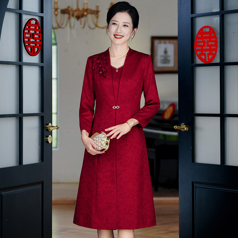 2025秋冬款二件套喜婆婆婚宴结婚喜妈妈高贵礼服旗袍连衣裙Z