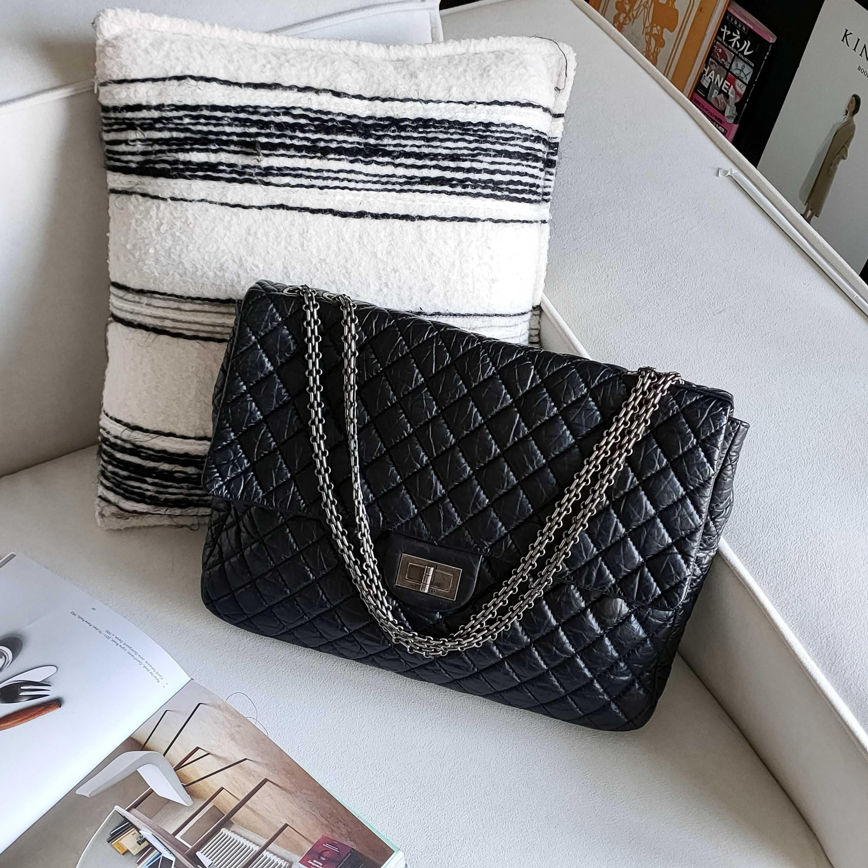 95新 Chanel/香奈儿 Azul-黑银复古牛皮2.55机场单肩包40008