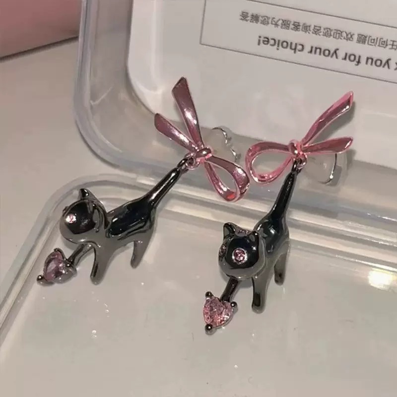合金耳饰 27 黑猫粉色锆石蝴蝶结耳环小众设计轻奢高级感耳钉网