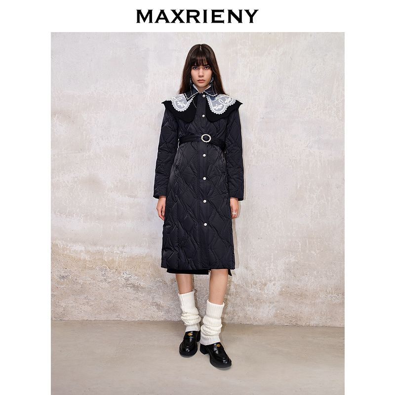 【陈大可 专属】MAXRIENY冬季轻羽绒服中长款黑色修身收腰保暖过膝