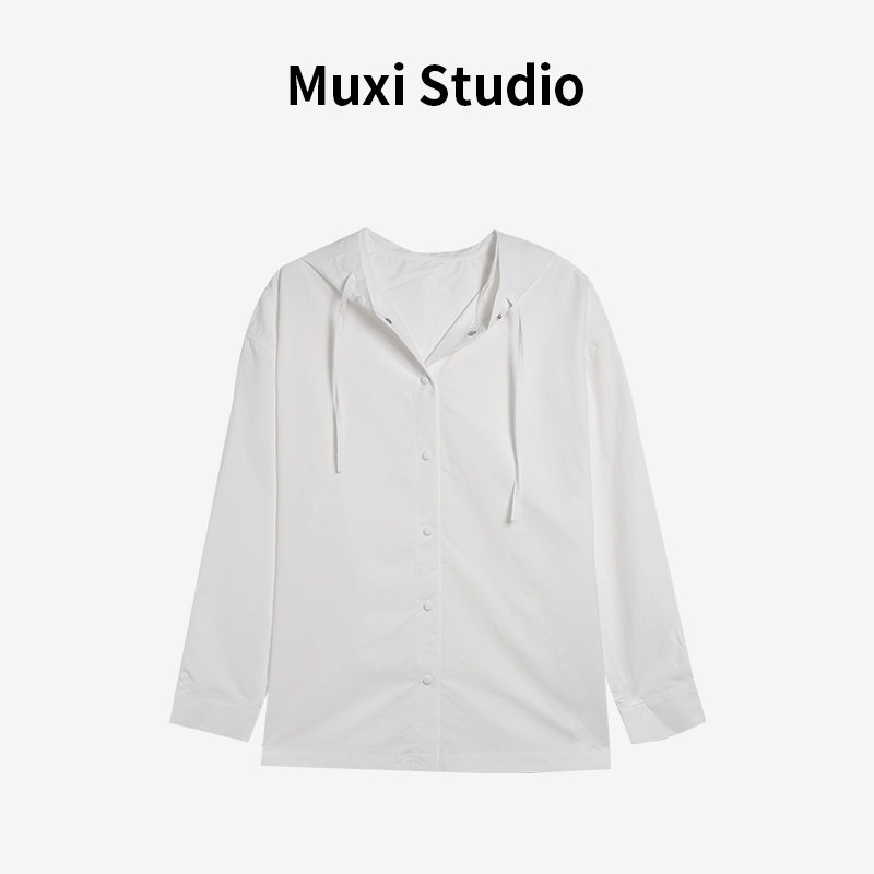Muxi‘’春季新款极简黑白双色连帽休闲衬衣外套