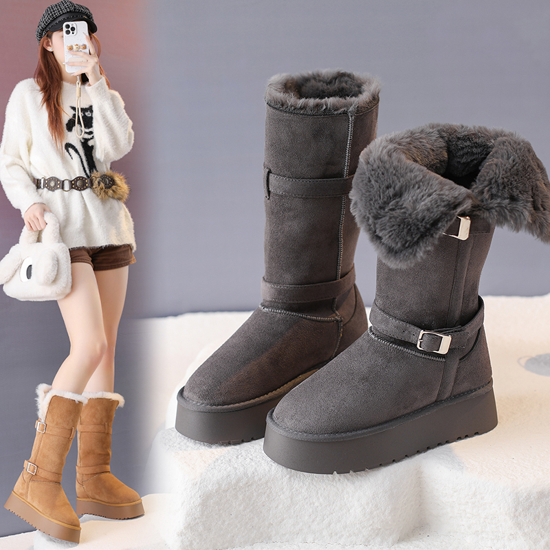 厚底内增高中筒高筒长筒靴加绒保暖加厚雪地靴女2025新款冬季棉鞋
