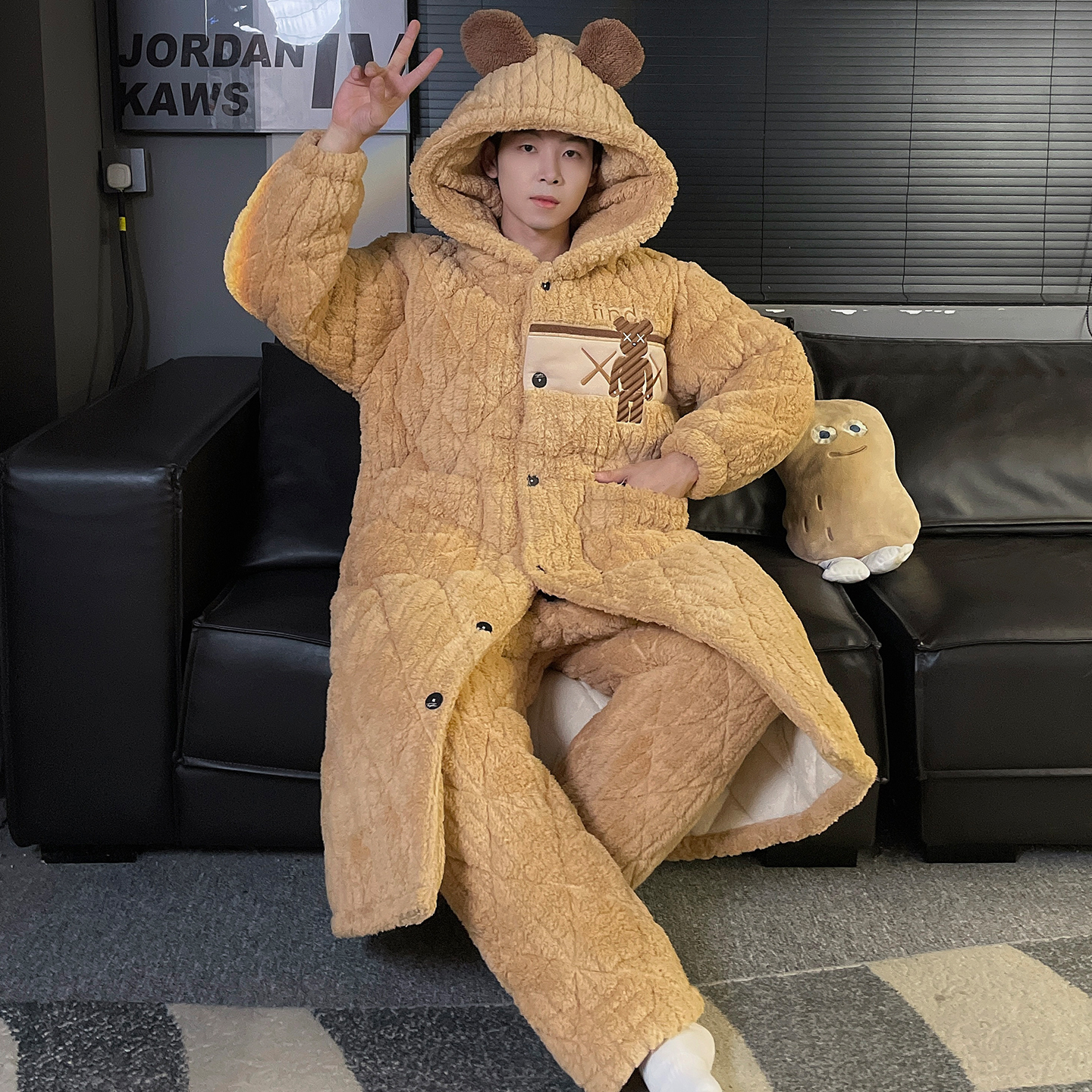 三层夹棉加厚睡袍冬季男士睡衣加厚加绒秋冬款珊瑚绒家居服 7847