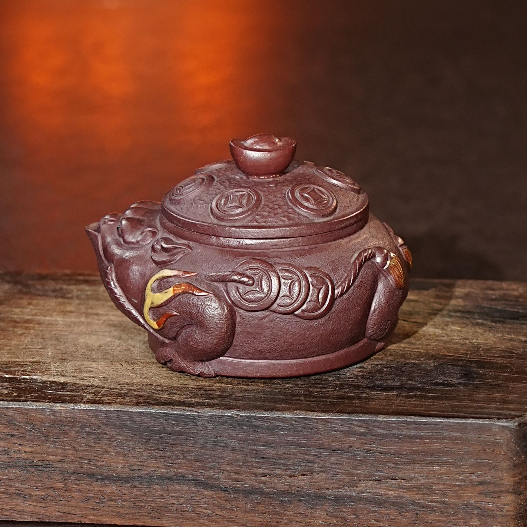 【9068金蟾手抓】宜兴原矿紫砂全手工刻绘元宝茶具紫砂壶茶器