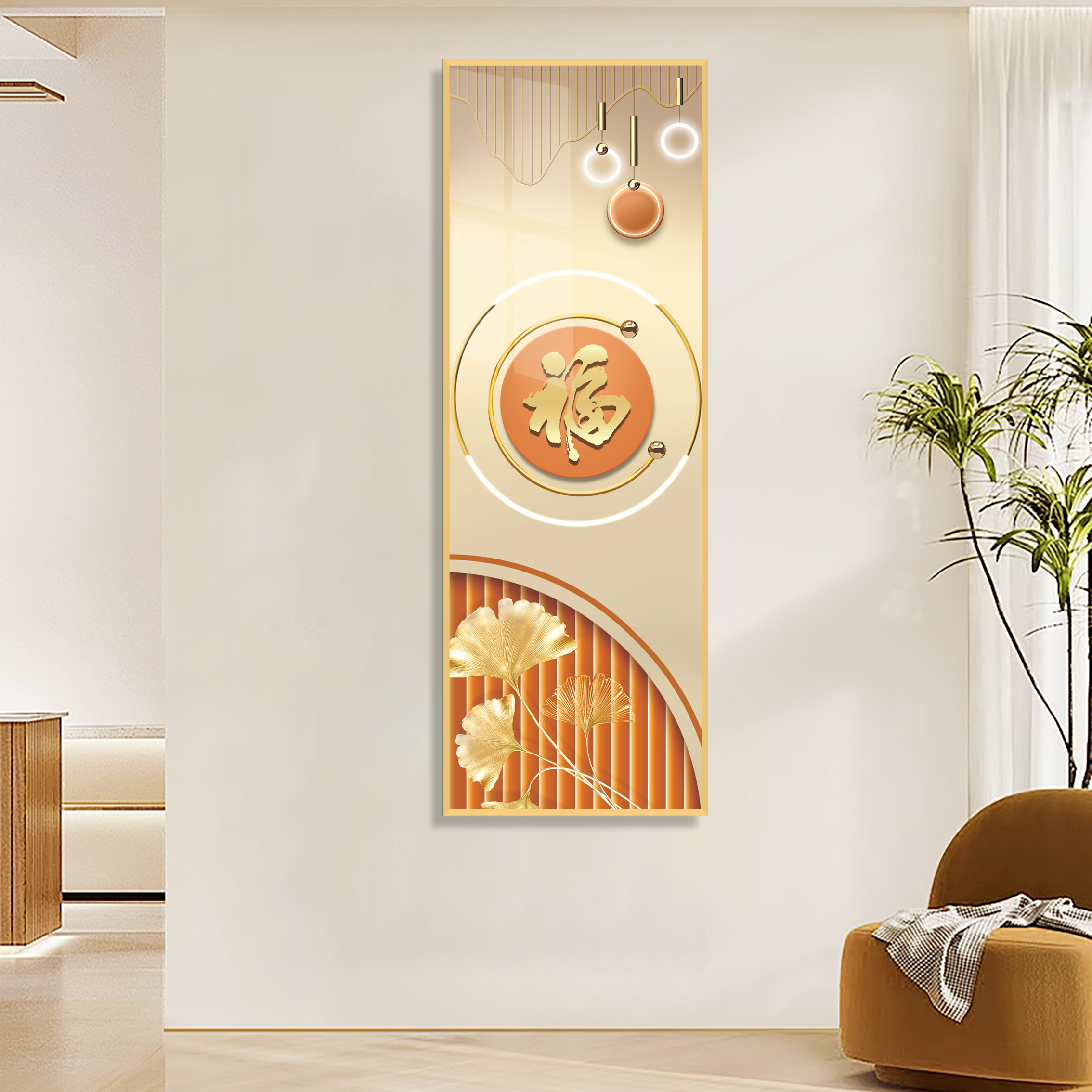 JHC98福栖金筏入门玄关竖版客厅走廊过道壁画金色金属边框121M