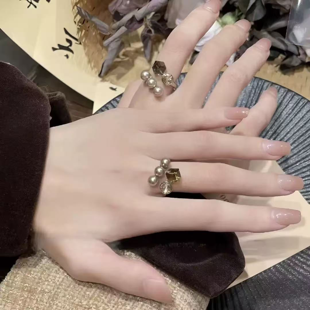 非金属仿水晶戒指 复古方糖珍珠开口戒指女轻奢高级感指