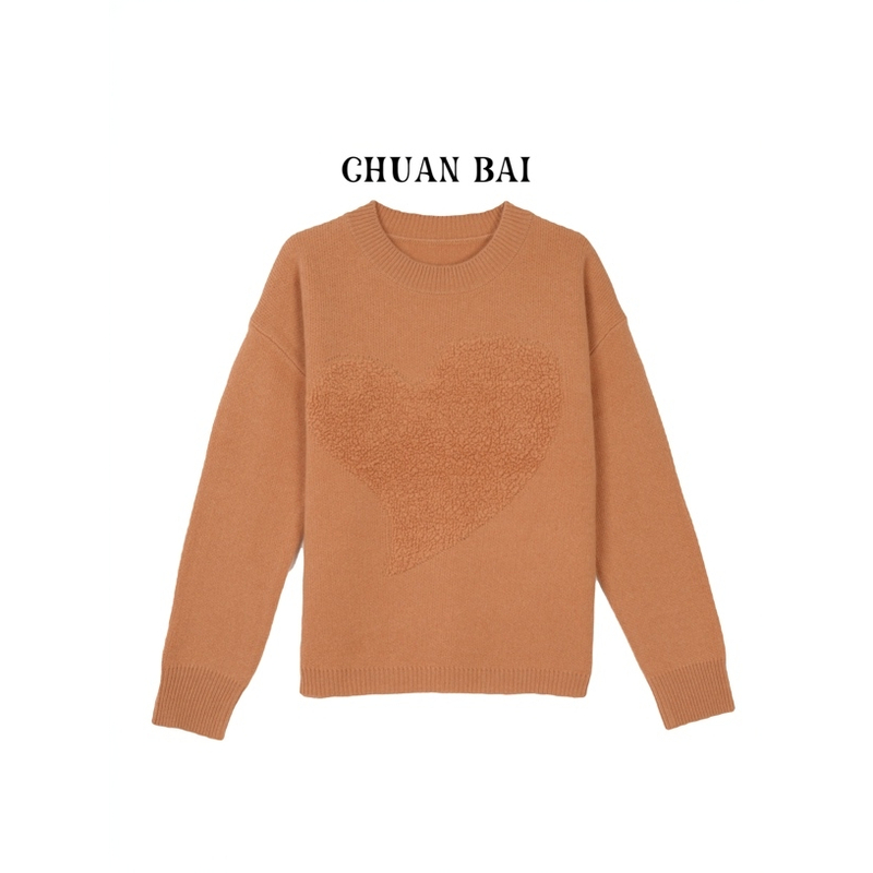 【川白】圆领爱心提花加厚针织衫 减龄洋气软糯设计感套头衫-1072