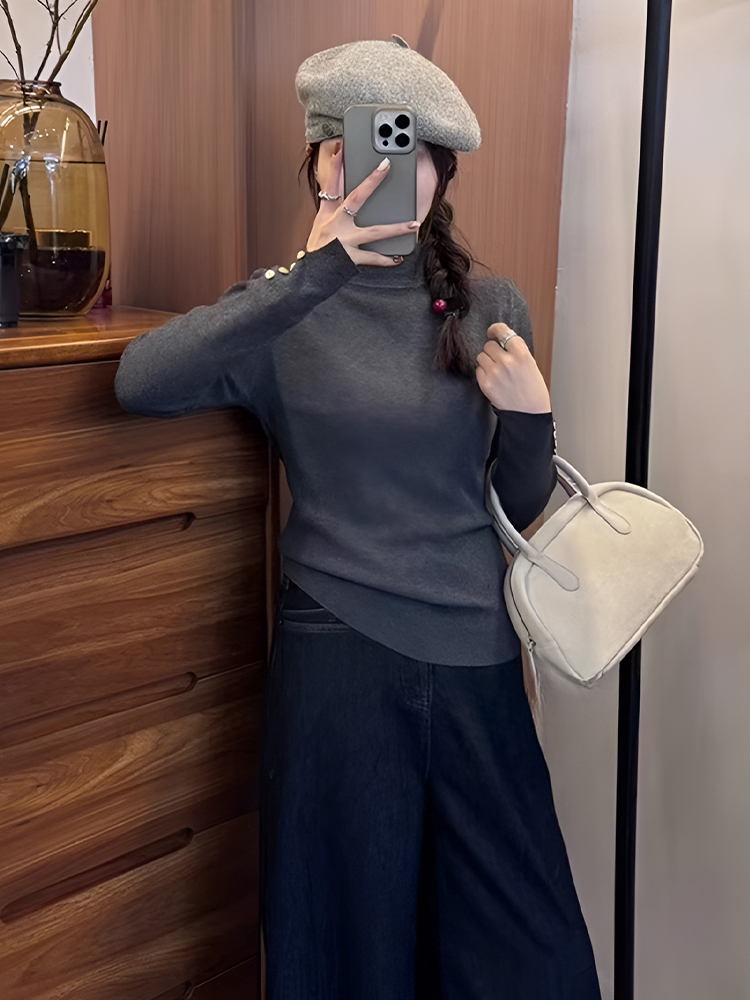 袖口带扣深灰色半高领针织打底衫女秋冬季软糯内搭高级感上衣3049