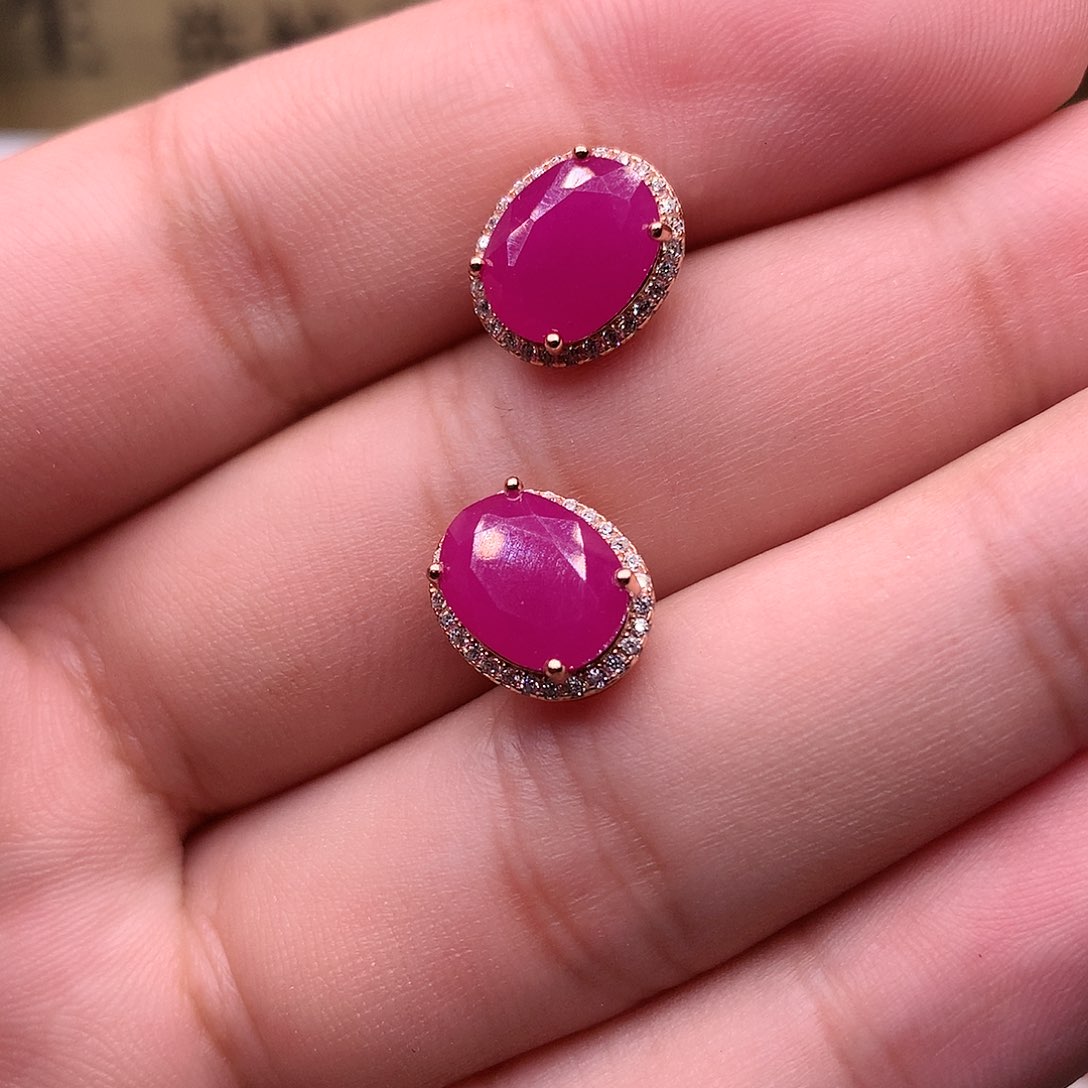 红宝石耳饰银S925镶嵌