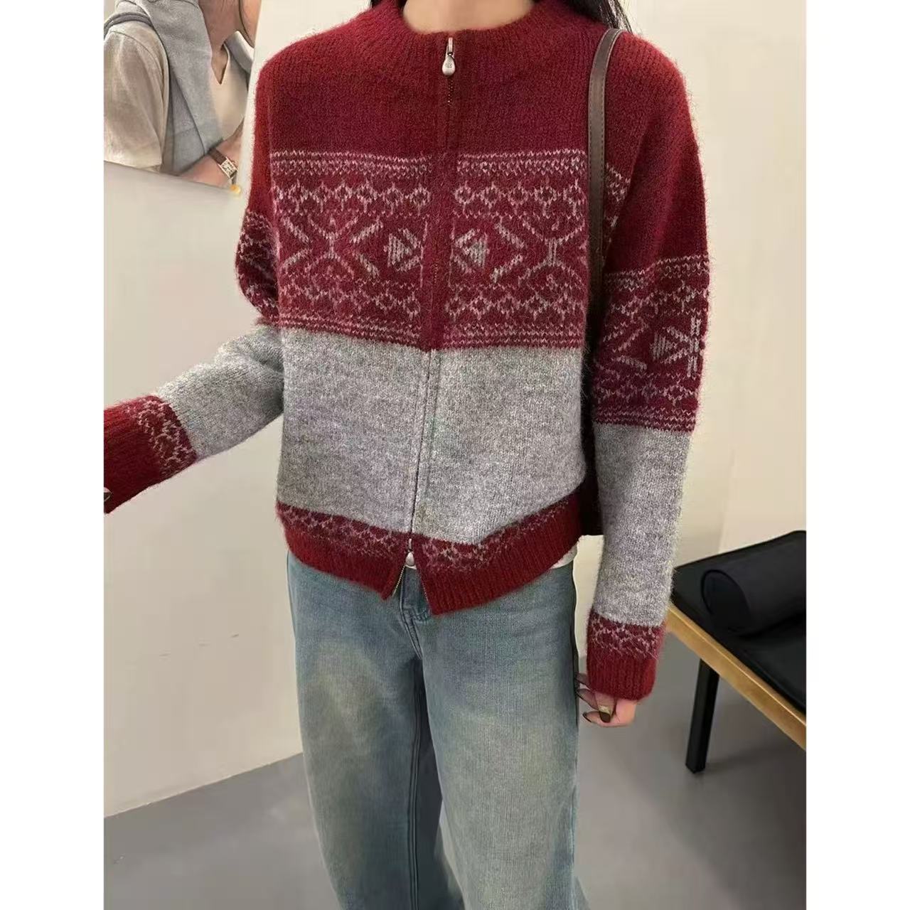 丽姐家~费尔岛红针织时尚女士秋冬拼色拉链衫开衫上衣