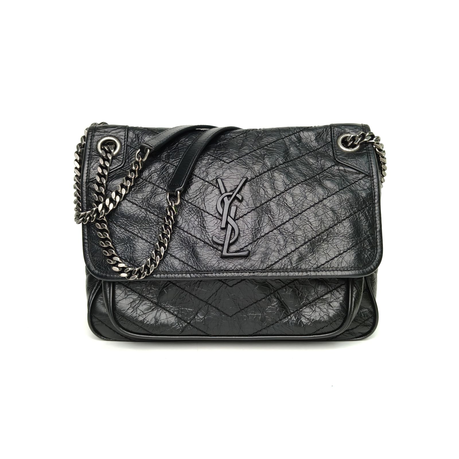 95新 YSL/圣罗兰 【娇】Niki 28 黑色 皮革C银扣 518588