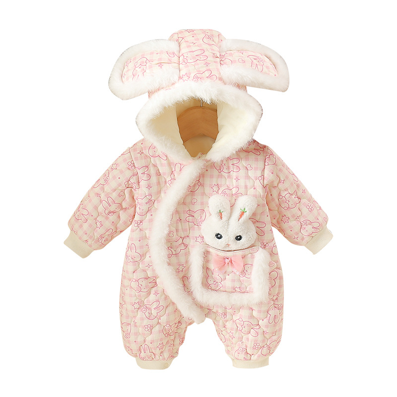 新生儿冬季外出连体衣婴儿冬款加厚加绒卡通女宝宝爬服哈衣