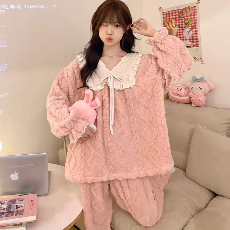 CD285绒款可爱蕾丝边套头家居服长袖长裤套装