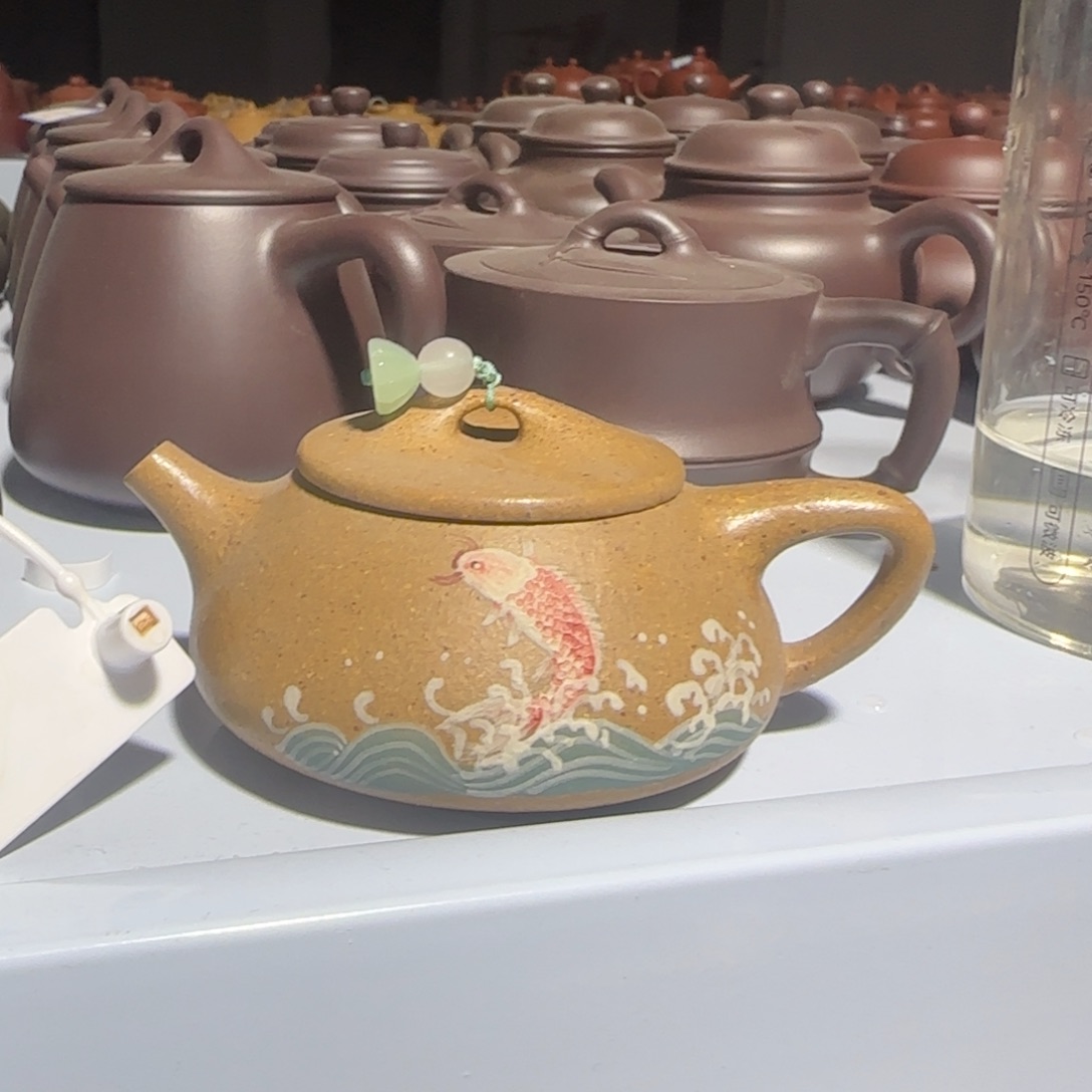 紫砂茶壶黄降坡泥绘景舟