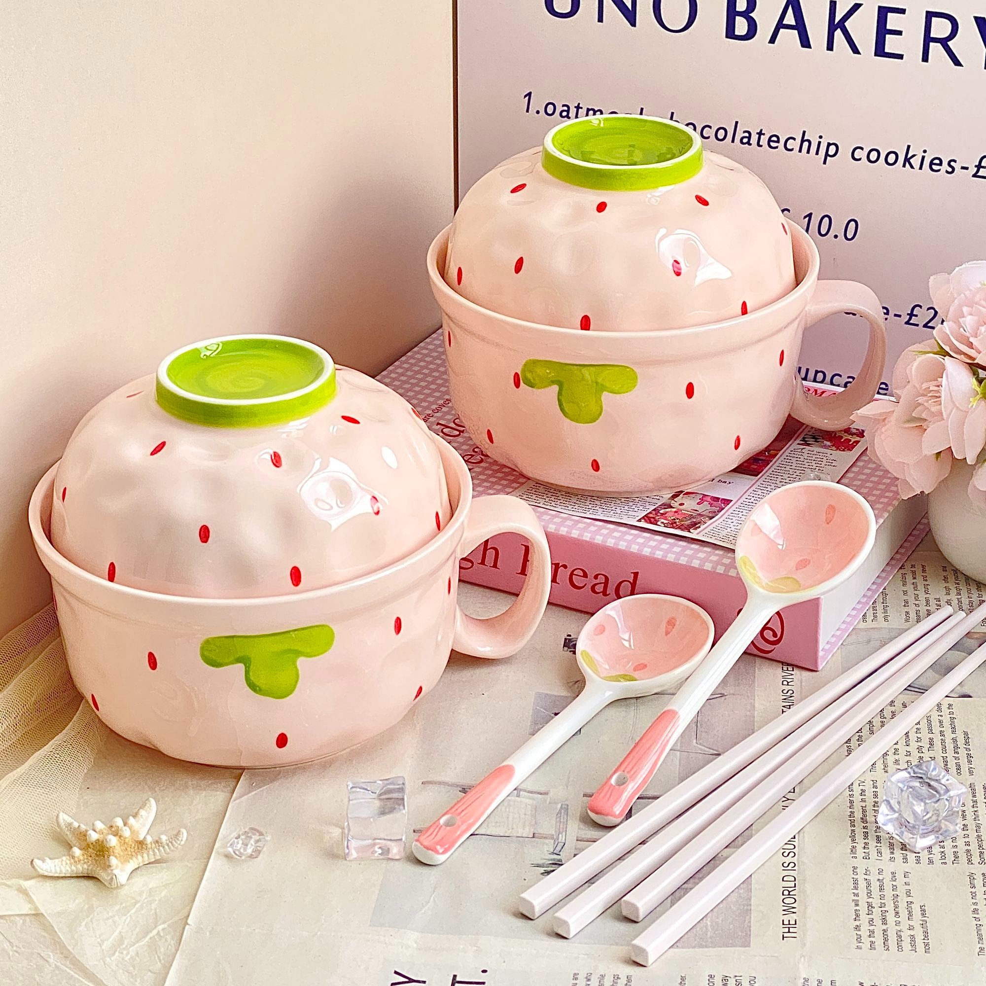 奶油风泡面碗带盖高颜值个人专用方便面碗陶瓷学生打饭碗筷套装pv