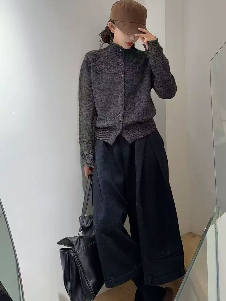 9695-3422 半高领复古提花宽松毛衣服开衫纯色毛针织衫