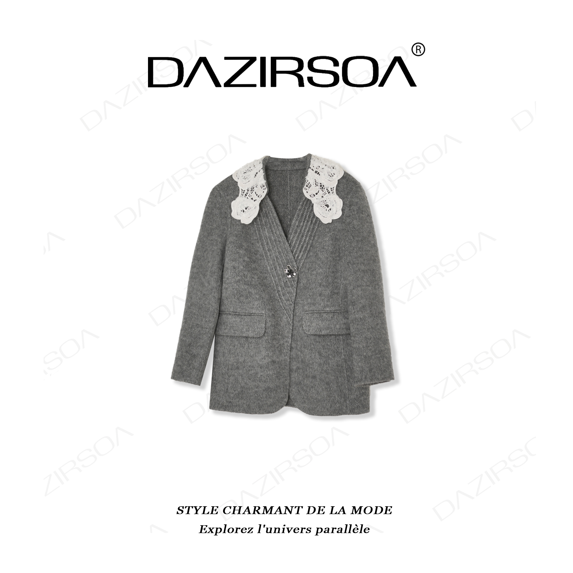 “质感风度” 蕾丝领拼接V领宽松外套 U317