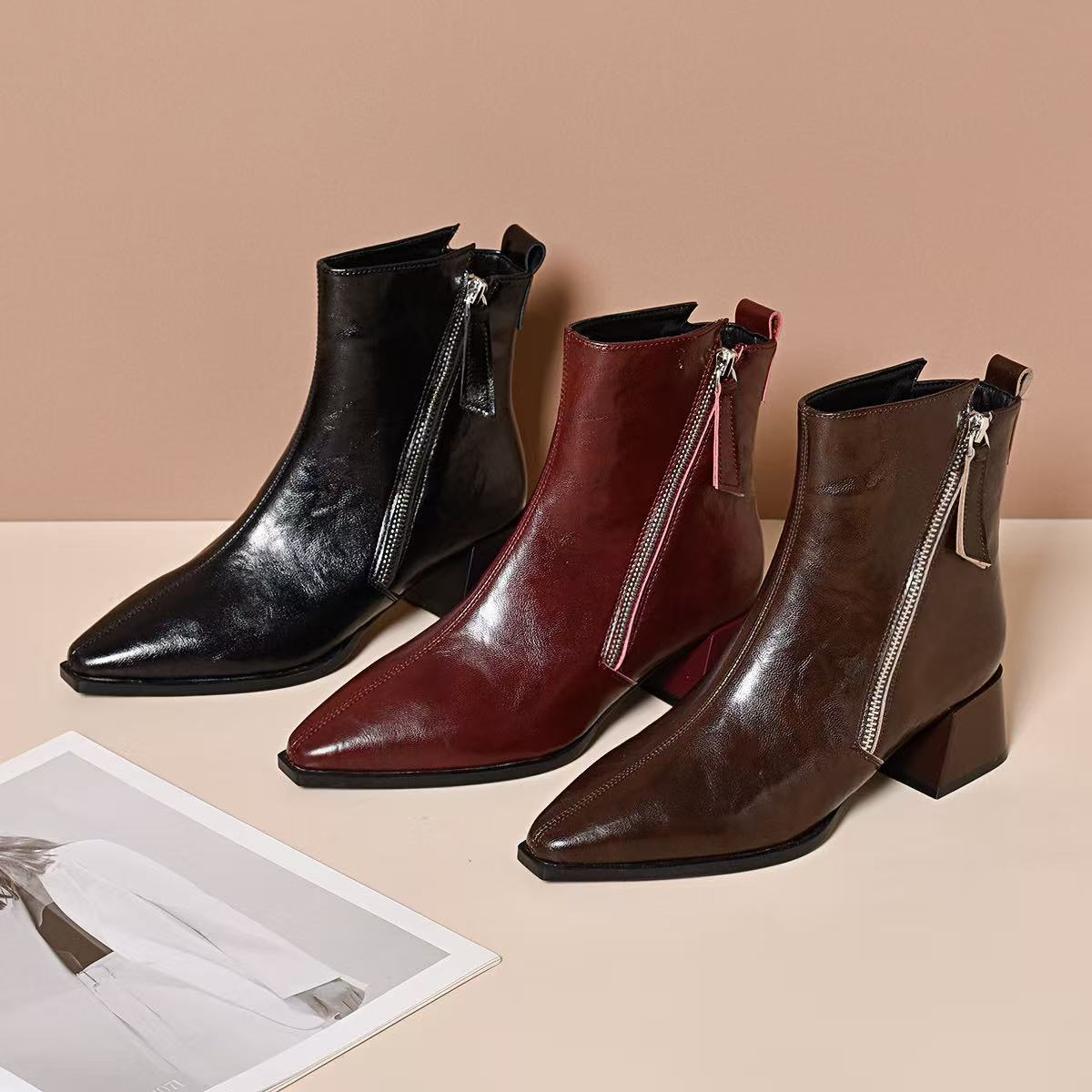 法式粗跟方头女冬中跟短靴尖头粗跟靴时装靴时尚靴子秋冬气质百搭