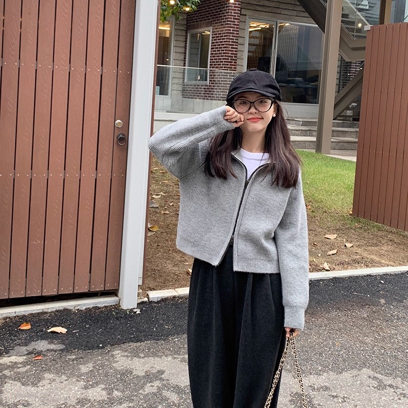 一三良品小个子 高领毛衣秋冬外穿新款百搭宽松拉链针织开衫T3A58