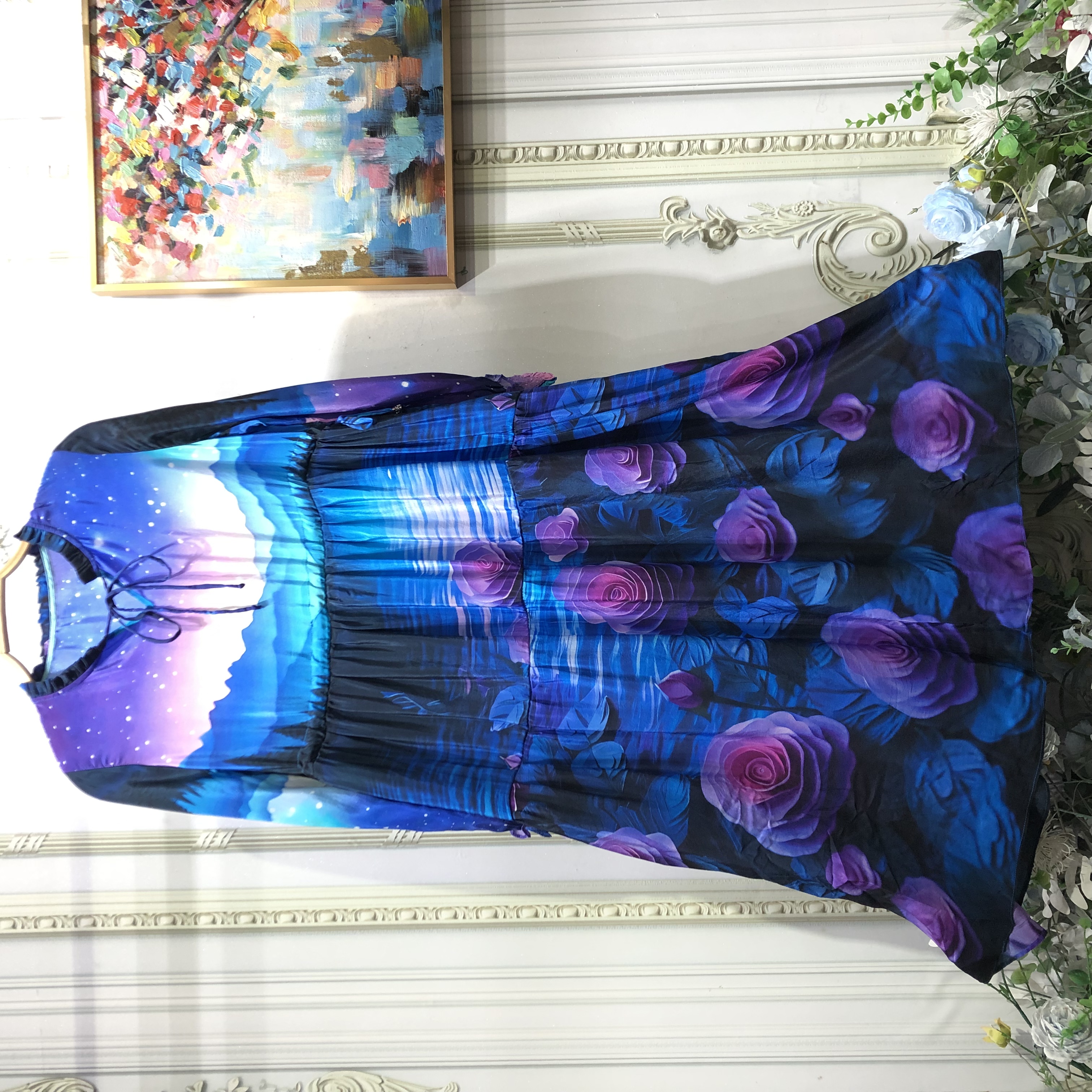 拜占庭的森林百搭连衣裙显瘦高端轻奢新款气质拼接印桑蚕丝中长款