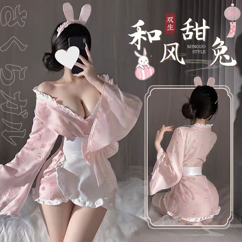 和风甜美可爱酱日系兔兔薄款睡袍睡裙蕾丝夏季性感和服长袖短裙