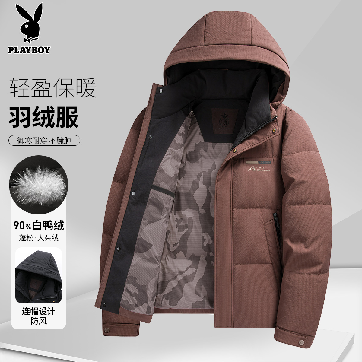 【90白鸭绒】花花公子御寒保暖加厚连帽防风男士羽绒服冬装外套男