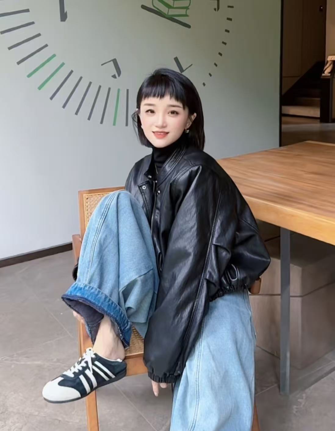 【彩丽家】（泡芙羽绒款）白鸭绒立领长袖皮衣百搭秋冬洋气羽绒外套