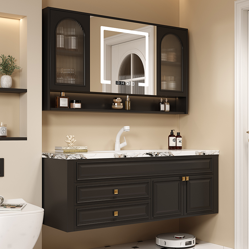 法式浴室柜组合岩板一体陶瓷盆实木洗漱台卫生间洗漱盆洗手盆定制