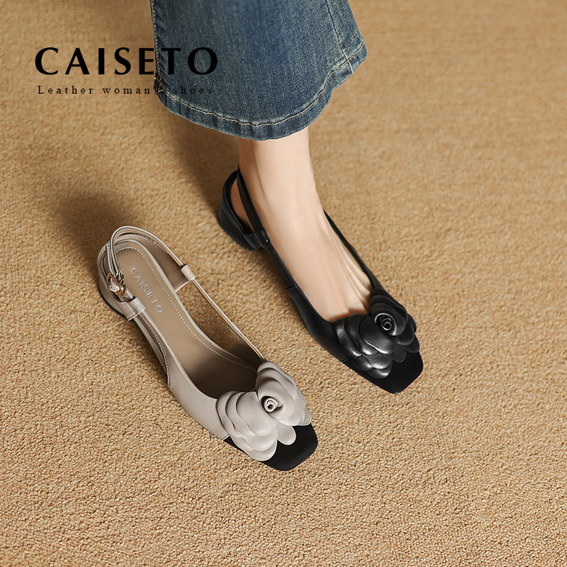 羊皮/3.5cm夏季捏花方头软底浅口低跟女包头凉鞋25XL108