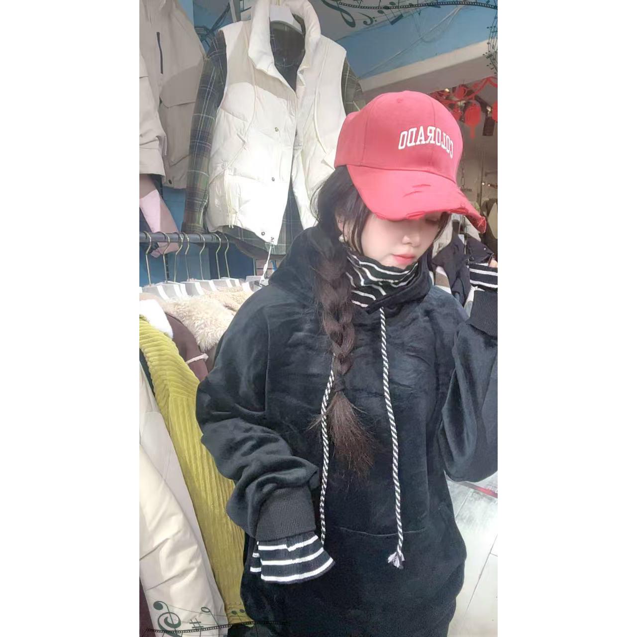 冬季新款简约宽松加绒百搭连帽美式复古卫衣