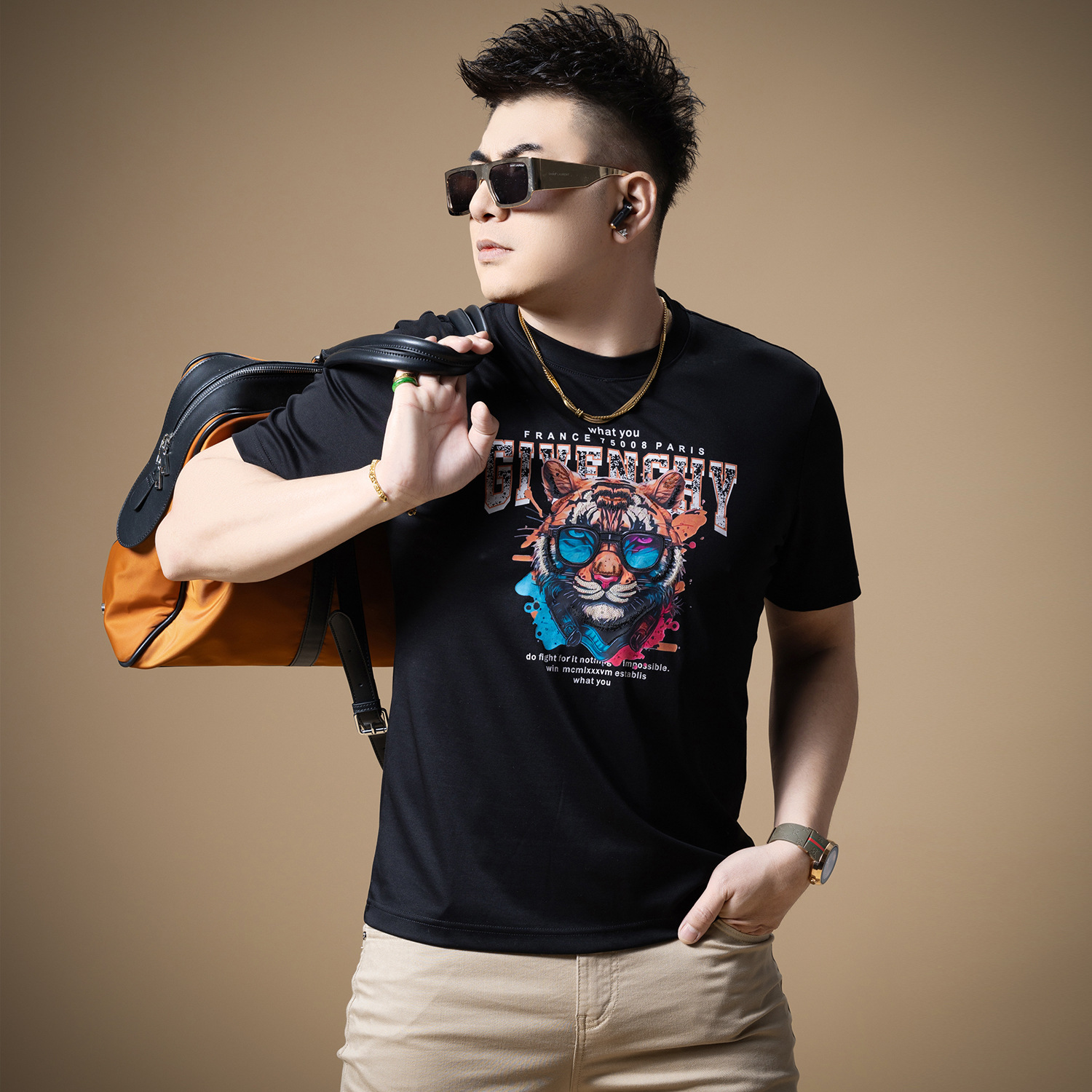 2025夏季轻奢男装欧货男士新款潮莫代尔棉个性老虎头短袖T恤