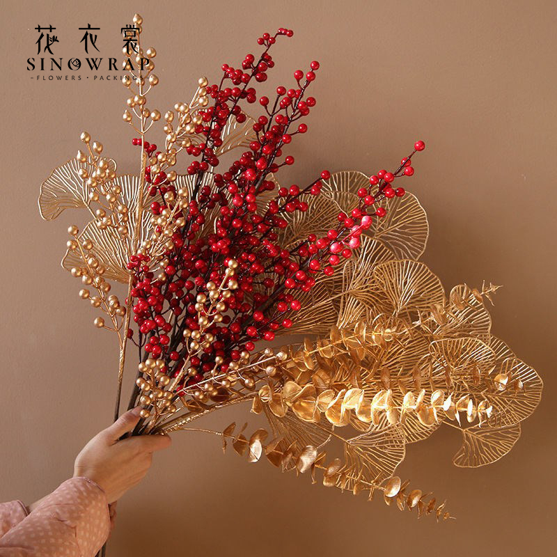 【花园时光】金色仿真冬青尤加利蝴蝶兰银杏叶新年福桶装饰年宵花