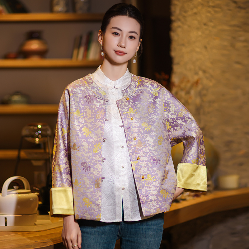 【金鱼闹彩蝶】紫色高级新中式外套女2025秋款百搭高端宋锦提花上衣