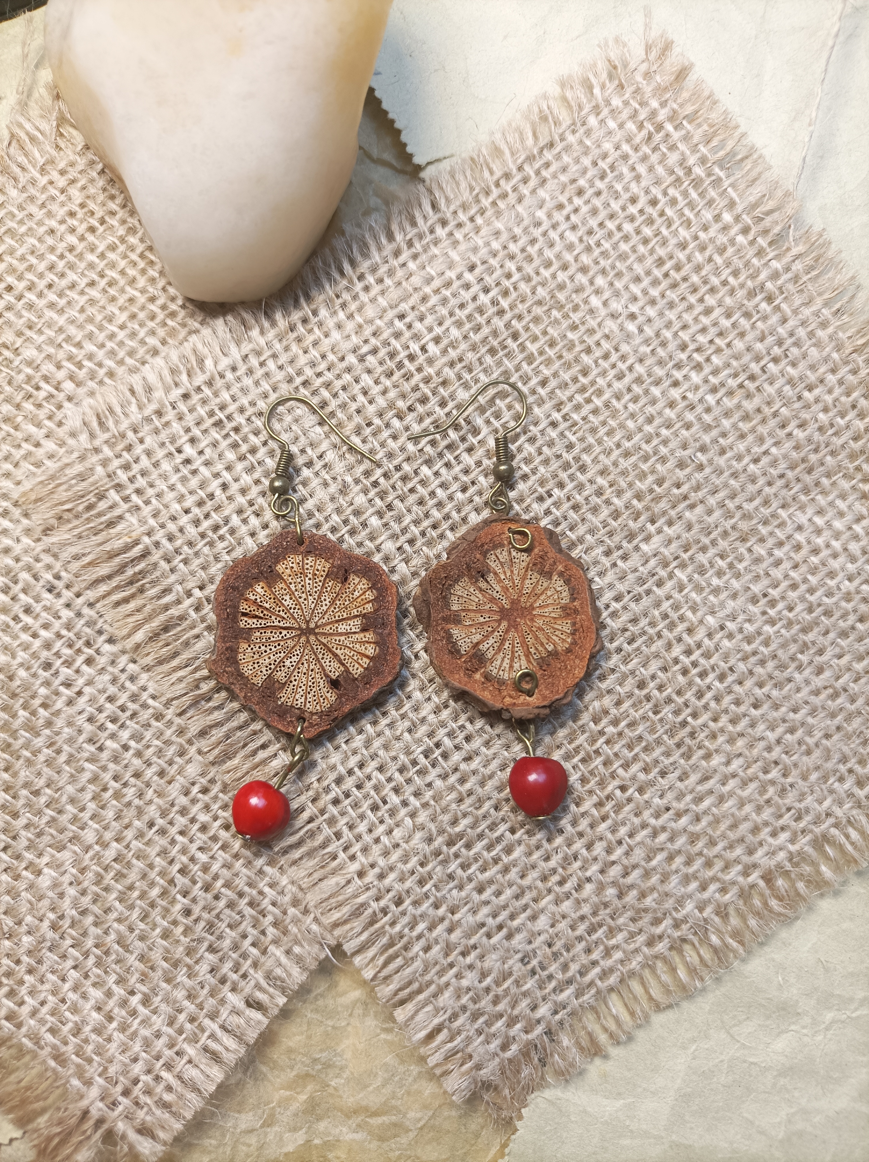 非金属木质耳饰 040青囊听风 中药大藤片+红豆 纯手工制作耳环