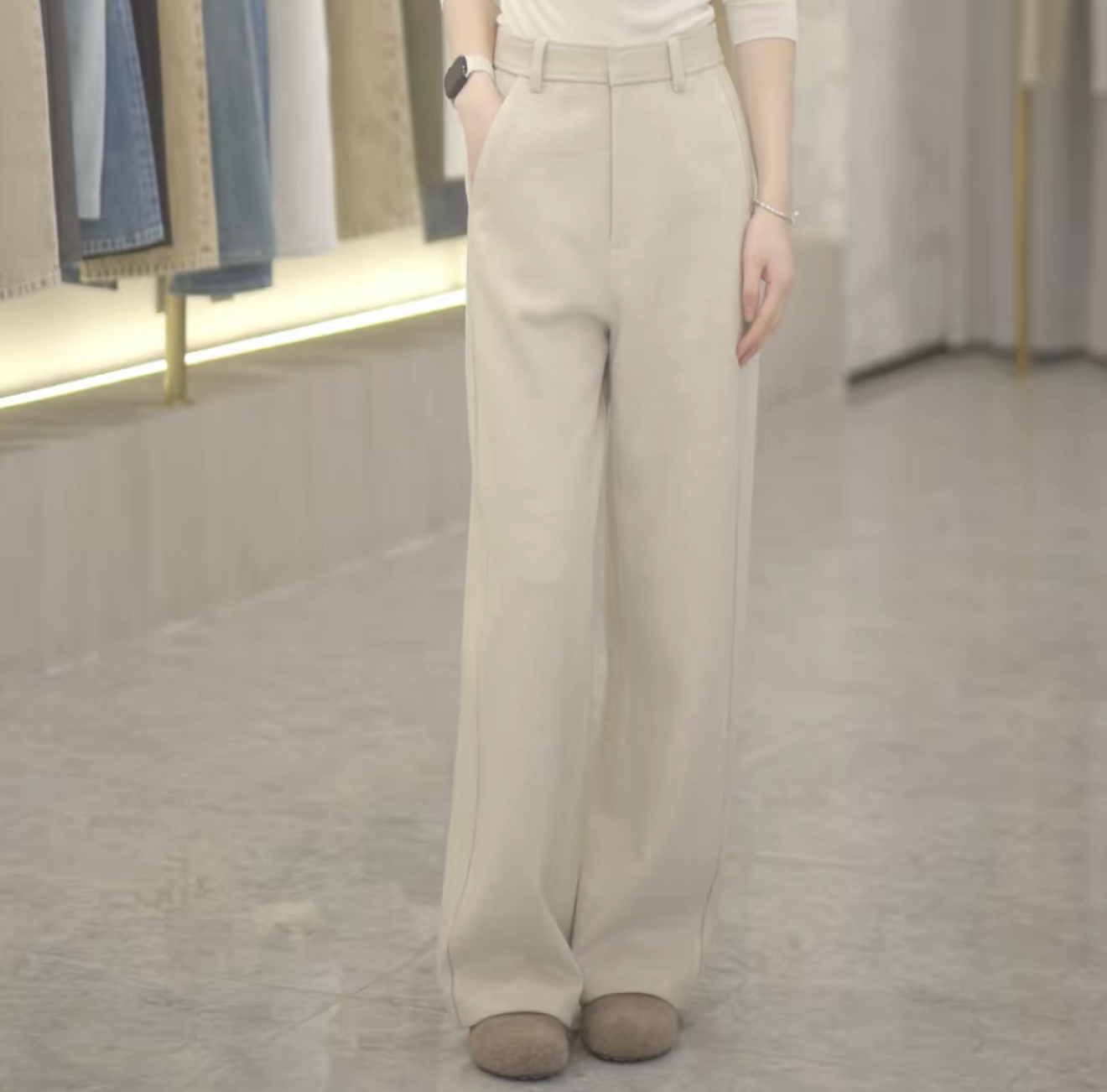 【阿尔巴卡羊绒】25年新款山羊绒直筒裤显瘦一体绒撞色时尚女裤0217