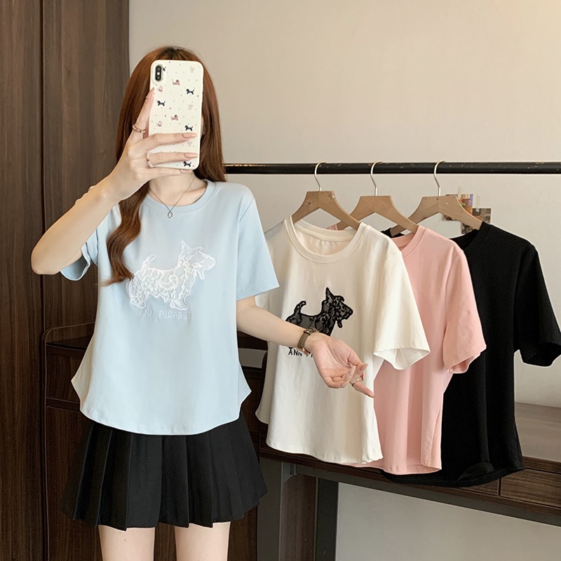夏季宽松韩版刺绣小狗百搭减龄胖mm大码女装小众短袖圆领t恤上衣